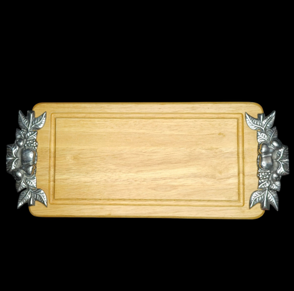 Macys The Cellar Serving Platter Tray Cutting Board Wood Metal Charcuterie Vtg